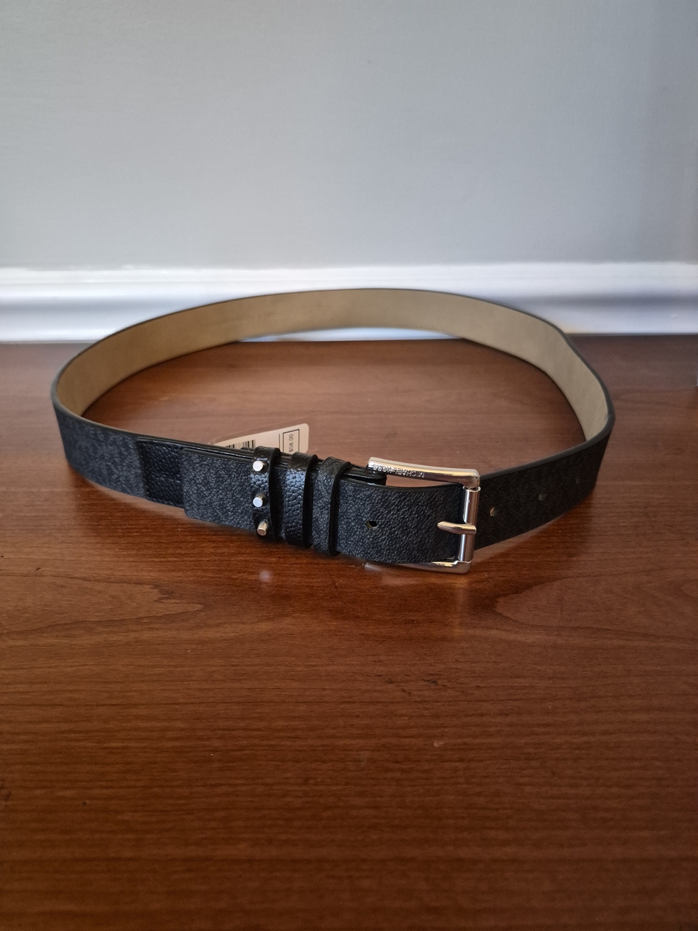 NWT Michael Kors Black Leather Logo Belt with Silver Buckle Size M